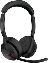 Jabra Evolve2 55 Link380a USB-A MS Stereo Wireless Headset featuring 28 mm drivers, active noise cancellation, a built-in microphone, up to 18 hours of battery life, a USB-A dongle, and a sleek black finish.