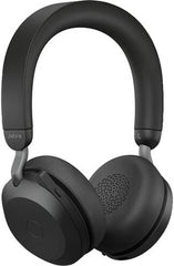 Jabra Evolve2 75 UC Stereo USB-A Over-Ear Headset with up to 100 ft wireless range, Bluetooth connectivity, Link 380a charging stand, up to 36 hours of battery life, and a black finish.
