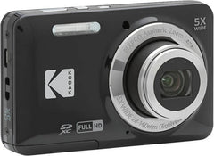 Kodak PIXPRO FZ55 digital camera in black, featuring a 16.35MP sensor, 5× optical zoom, 28mm wide-angle lens, 2.7-inch LCD, Full HD 1080p video, face, smile, blink, and pet detection, plus digital image stabilization.