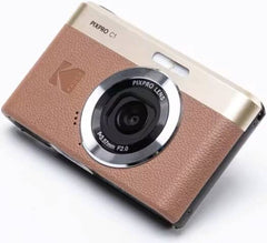 Kodak PixPro C1 compact camera in brown, featuring a 1/3" 13-megapixel CMOS sensor, 4× digital zoom, Full HD video, 2.8-inch LCD screen, TTL autofocus, built-in flash, and USB 2.0 Type-C connectivity.