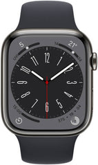 Apple Watch Series 8 with GPS + Cellular, 45mm size, graphite stainless steel case with a midnight sport band, crack and dust resistant, offering all-day battery life