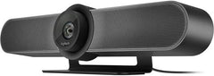 Logitech MeetUp camera with expansion microphone, delivering HD video and audio conferencing, featuring a 120° field of view, 4K optics, and an expansion mic range of 8–14 ft, in black.