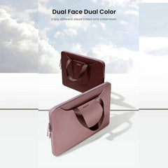 A 14-inch Tomtoc The-Her A21 laptop handbag in a dual-color design, featuring soft velvet lining with thick padding, spill-resistant material, and multiple compartments, in raspberry.