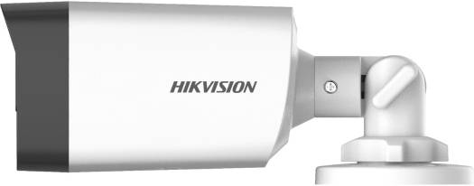 Hikvision 5MP fixed bullet camera with a 3.6mm lens, digital WDR, up to 40m IR range, auto/manual white balance, 4 switchable signals, and IP67-rated protection (white).