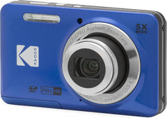 Kodak PIXPRO FZ55 digital camera in blue, bundled with a SanDisk 32GB Ultra SD card and card reader, featuring a 16.35MP sensor, 5× optical zoom, 28mm wide-angle lens, 2.7-inch LCD, and Full HD 1080p video recording.
