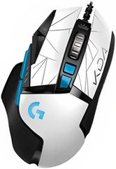 Logitech G502 HERO League of Legends K/DA Edition Gaming Mouse – features a 25,600 DPI HERO sensor, 11 programmable buttons, hyper-fast scroll wheel, LIGHTSYNC RGB lighting, and a 2.3 m USB cable in a stylish white design.