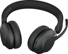 Jabra Evolve2 65 MS Stereo Wireless Bluetooth Headset with Link 380c, designed for calls and music, featuring passive noise cancellation and up to 37 hours of battery life.