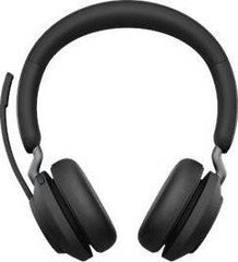 Jabra Evolve2 55 Link380a USB-A MS Stereo Wireless Headset with stand, featuring 28 mm drivers, active noise cancellation, built-in microphone, up to 18 hours of battery life, USB-A connectivity, and a black finish.