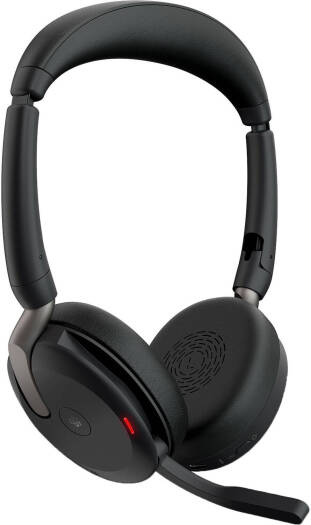 Jabra Evolve2 65 Flex UC Stereo Headset with wireless charging, hybrid active noise cancellation, 28 mm drivers, built-in microphone, USB-C dongle, and a sleek black design.