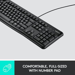 Logitech K120 Wired Business Keyboard for Windows and Linux, USB Plug-and-Play, Full-Size Design, Spill-Resistant, Curved Spacebar, Compatible with PC/Laptop, English/Arabic Layout, Black