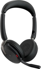 Jabra Evolve2 65 Flex Link MS Stereo Wireless Headset with wireless charging, Bluetooth connectivity, active noise cancellation, 28 mm drivers, built-in microphone, and a black design.
