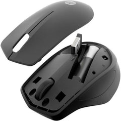 HP 280 Silent Wireless Mouse – black design, 1200 DPI optical sensor, AES 128-bit encryption, and up to 18 months of battery life on a single battery.