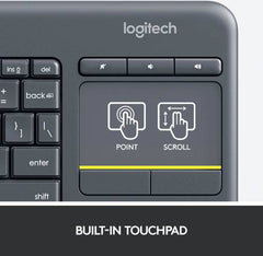 Logitech K400 Plus Wireless Keyboard with Built-in Touchpad for Home Theatre PCs, TVs, Laptops, and Tablets, Customizable Multimedia Keys, Compatible with Windows and Android, Arabic Layout, Black