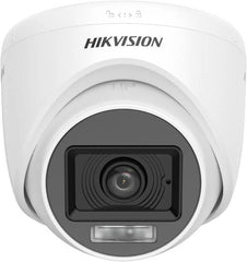 Hikvision 2MP Dual-Light Fixed Turret Camera with built-in microphone, featuring a 2.8 mm fixed lens, up to 20 m infrared illumination, audio transmission over coaxial cable, four switchable signal modes, digital WDR, and a white housing.