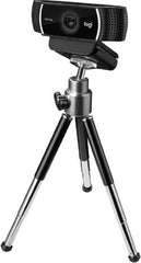 Logitech C922 Pro Stream Full HD webcam with included tripod, featuring dual built-in stereo microphones, automatic light correction, fast frame rate streaming, 78° diagonal field of view, smooth autofocus, in a black finish.