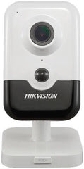Hikvision 4 MP Indoor Fixed Cube Network Camera with WDR, featuring a 2.8 mm lens, up to 10 m infrared range, H.265+ video compression, built-in two-way audio, support for up to 6-channel live view, 360° rotation, and a white design.