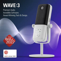 Elgato Wave 3 USB Microphone – features a 17 mm electret capsule, cardioid polar pattern, 24-bit resolution, 48/96 kHz sample rate, 20,000 Hz frequency response, USB-C connectivity, in white.