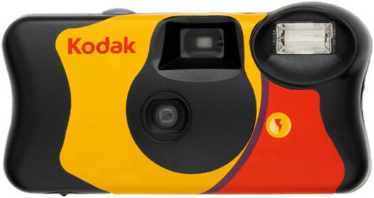 KODAK FunSaver 35mm single-use camera with flash, 27 exposures, built-in auto-recharge flash, Kodak MAX 800 film, water and dust resistant, featuring easy one-touch operation.