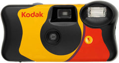 KODAK FunSaver 24mm single-use camera with flash, 39 exposures, built-in auto-recharge flash, Kodak Gold ISO 400 film, water and dust resistant, and easy one-touch operation.
