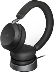 Jabra Evolve2 75 Link380C UC Stereo USB-C Headset with 30-meter wireless range, Bluetooth connectivity, 20–20,000 Hz frequency response, boom arm with mute and call-answer functions, in black.