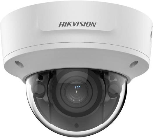 Hikvision 6MP AcuSense Motorized Varifocal Dome Network Camera with 2.8–12mm motorized lens, up to 40m IR range, H.265+ compression, 120 dB true WDR, RJ45 Ethernet, and IP67/IK10-rated protection.