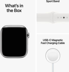 Apple Watch Series 8 with GPS, 45mm silver aluminum case, paired with a white sport band (Regular)