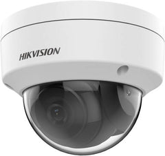 Hikvision 4 MP AcuSense Fixed Dome Network Camera with a 2.8 mm lens, built-in microphone, H.265+ compression, IR LEDs for night vision, and a white finish.