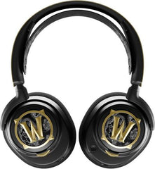 SteelSeries Arctis Nova 7 Wireless World of Warcraft Edition Gaming Headset featuring 40mm neodymium drivers, 360° spatial audio, ClearCast Gen 2 technology, and a fully retractable boom microphone, in black and yellow.