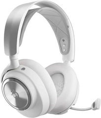 SteelSeries Arctis Nova Pro Wireless Multi-System Gaming Headset with 40mm neodymium drivers, ClearCast Gen2 retractable microphone, active noise cancellation, 360° spatial audio, compatible with PC and PS5, in white.