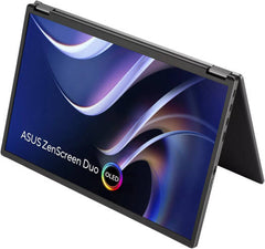 ASUS ZenScreen Duo OLED MQ149CD Foldable Portable Monitor featuring dual 14" OLED screens, FHD resolution, 60Hz refresh rate, 1ms (GtG) response time, and 1073.7 million color display.