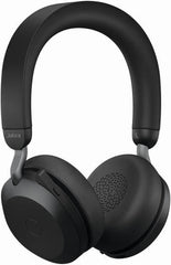 Jabra Evolve2 75 Link 380c UC Noise-Canceling Wireless Headset featuring 40 mm drivers, 8 integrated microphones, dual-foam ear cushions, busy light indicator, ANC technology, charging stand, and a black finish.