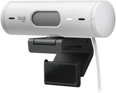 Logitech Brio 500 Full HD 1080p webcam with automatic light correction, Show Mode feature, dual noise-reducing microphones, built-in privacy cover, USB-C connectivity, and compatibility with Microsoft Teams, Google Meet, and Zoom — Off-White finish.