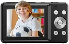 Promage PC110 4K dual-screen digital camera in black, featuring a 5MP CMOS sensor, LED flash, autofocus, 2.4″ main and 1.3″ secondary IPS LCD screens, 18× digital zoom, and built-in 800mAh battery.