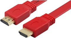 High-Speed V1.4 HDMI Male-to-Male Flat Cable in red, 1.5 m long, supporting Full HD 1080p@60 Hz, Ultra HD 3840×2160@30 Hz, with up to 10.2 Gbps transfer rate, compatible with TVs, projectors, monitors, and laptops.