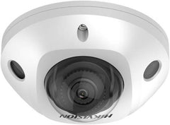 Hikvision DS-2CD2543G2-IS 4MP AcuSense fixed mini dome network camera with a 2.8mm lens, built-in microphone, RJ45 Ethernet, H.265+ compression, 120 dB WDR, and IP67/IK10 protection (white).