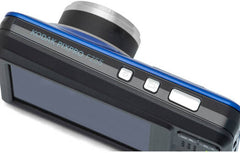 Kodak PIXPRO FZ55 digital camera in blue, featuring a 16.35MP sensor, 5× optical zoom, 28mm wide-angle lens, 2.7-inch LCD, Full HD 1080p video, face, smile, blink, and pet detection, with digital image stabilization.