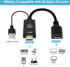 Generic HDMI Male to DisplayPort Female Cable in black, featuring built-in IC chip, latch design, and support for 4K and 1080p resolutions.