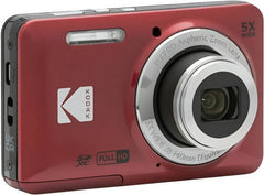 Kodak PIXPRO FZ45 digital camera in red, featuring a 16.35MP sensor, 4× optical zoom, 2.7-inch LCD, wide shooting modes, face and pet detection, and digital image stabilization.