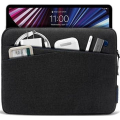 Black Tomtoc tablet sleeve compatible with 11", 10.9", and 10.2" iPads, Microsoft Surface Go 1/2, and Samsung Galaxy Tab, also fits Apple Magic Keyboard and Smart Keyboard Folio.