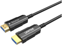 Unitek 25-Meter HDMI Fiber Optic Cable with 4K@60Hz support, delivering 18Gbps high-speed data transfer, HDR and Dolby Vision compatibility, HDCP 2.2, ARC, and 3D support, featuring a durable alloy housing in black.