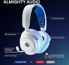 SteelSeries Arctis Nova 7P Wireless Multi-System Gaming and Mobile Headset featuring the Nova Acoustic System, dual 2.4GHz and Bluetooth connectivity, up to 38 hours of battery life, ClearCast Gen2 microphone, compatible with PlayStation and PC, in white.