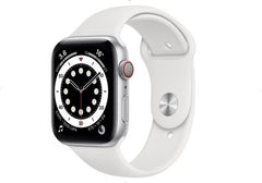Apple Watch Series 6 with GPS + Cellular, 44mm silver aluminum case, paired with a silver sport band