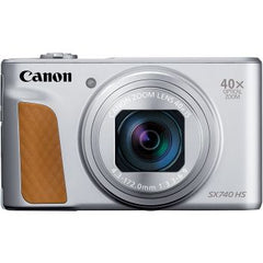 Canon PowerShot SX740 HS digital camera featuring 40× optical zoom, a 3-inch tilt LCD screen, 4K video recording, built-in Wi-Fi, NFC, and Bluetooth connectivity, in silver.
