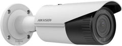 Hikvision 2MP WDR varifocal bullet network camera with a 2.8–12mm motorized lens, H.265+ compression, up to 60m IR range, RJ45 Ethernet, and IP67-rated water and dust resistance (white).
