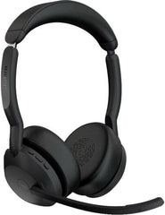 Jabra Evolve2 55 Link380c USB-C MS Stereo Wireless Headset with 28 mm drivers, active noise cancellation, built-in microphone, up to 18 hours of battery life, USB-C dongle, and a black finish.