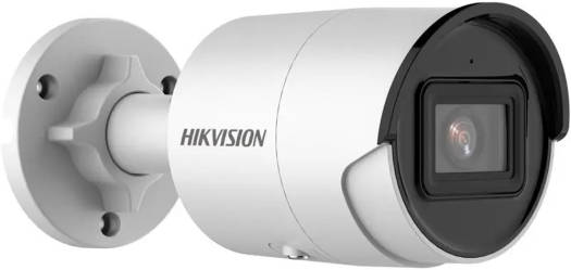 Hikvision AcuSense DS-2CD2023G2-IU 2MP outdoor network bullet camera with a 2.8mm lens, up to 40m night vision range, H.265+ compression, built-in microphone, and IP67-rated water resistance (white).