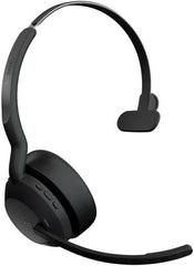 Jabra Evolve2 55 Link380a USB-A MS Mono Wireless Headset with stand, featuring 28 mm drivers, active noise cancellation, built-in microphone, up to 18 hours of battery life, USB-A connectivity, and a black design.