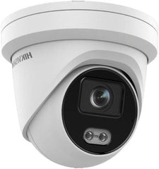 Hikvision 4MP ColorVu fixed turret network camera with a 2.8mm lens, up to 30m light range, 24/7 full-color imaging, H.265+ compression, built-in microphone, and IP67-rated protection (white).