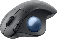 Logitech Ergo M575S Wireless Trackball Mouse with ergonomic design, blue trackball, advanced optical tracking, 5 programmable buttons, and dual connectivity via Bluetooth and Logi Bolt USB receiver — Graphite.