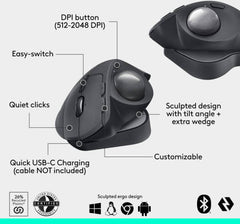 Logitech MX Ergo S Plus Wireless Trackball Mouse – features a 2048 DPI laser sensor, 20° adjustable hinge, 6 programmable buttons, 4-way scrolling, dual 2.4 GHz and Bluetooth connectivity, 500 mAh rechargeable battery